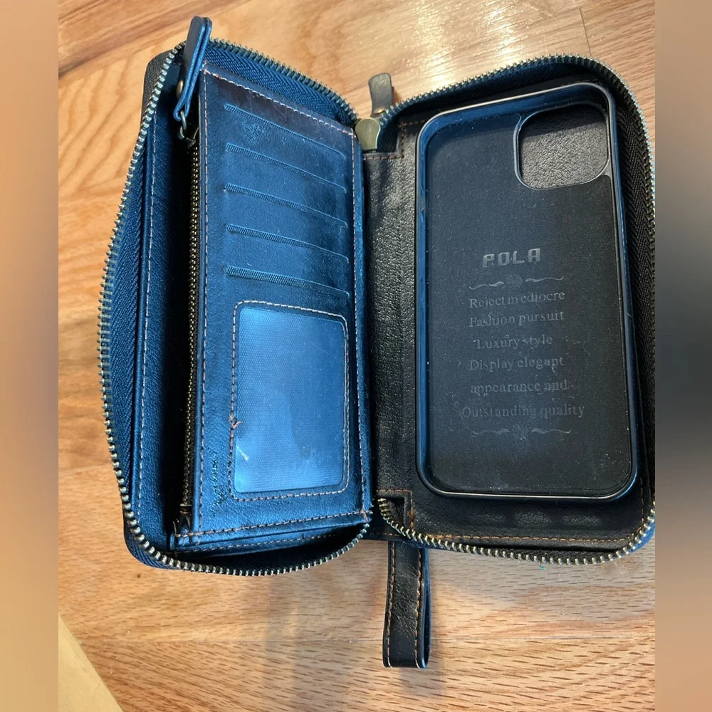 POL Black Leather Wristlet Phone Case with Zip and Snap